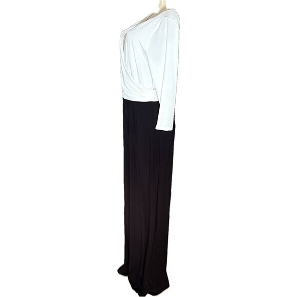 Anne Klein 12 Black-Cream Keyhole Neckline Faux Wrap 3/4 Sleeve Palazzo Jumpsuit - Picture 5 of 6